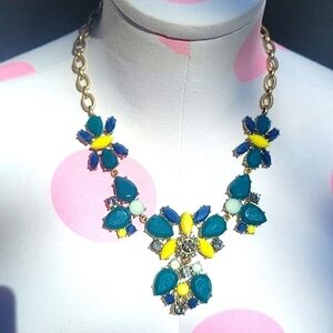 J.Crew Statement Necklace Floral Rhinestone Yellow Blue Teal Gold Necklace